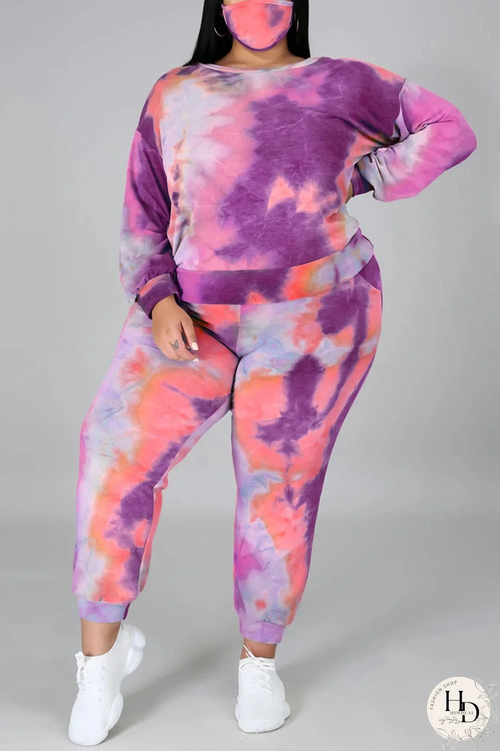 Dark Blue Fashion Casual Print Tie Dye Tie-dye Backless O Neck Plus Size Set