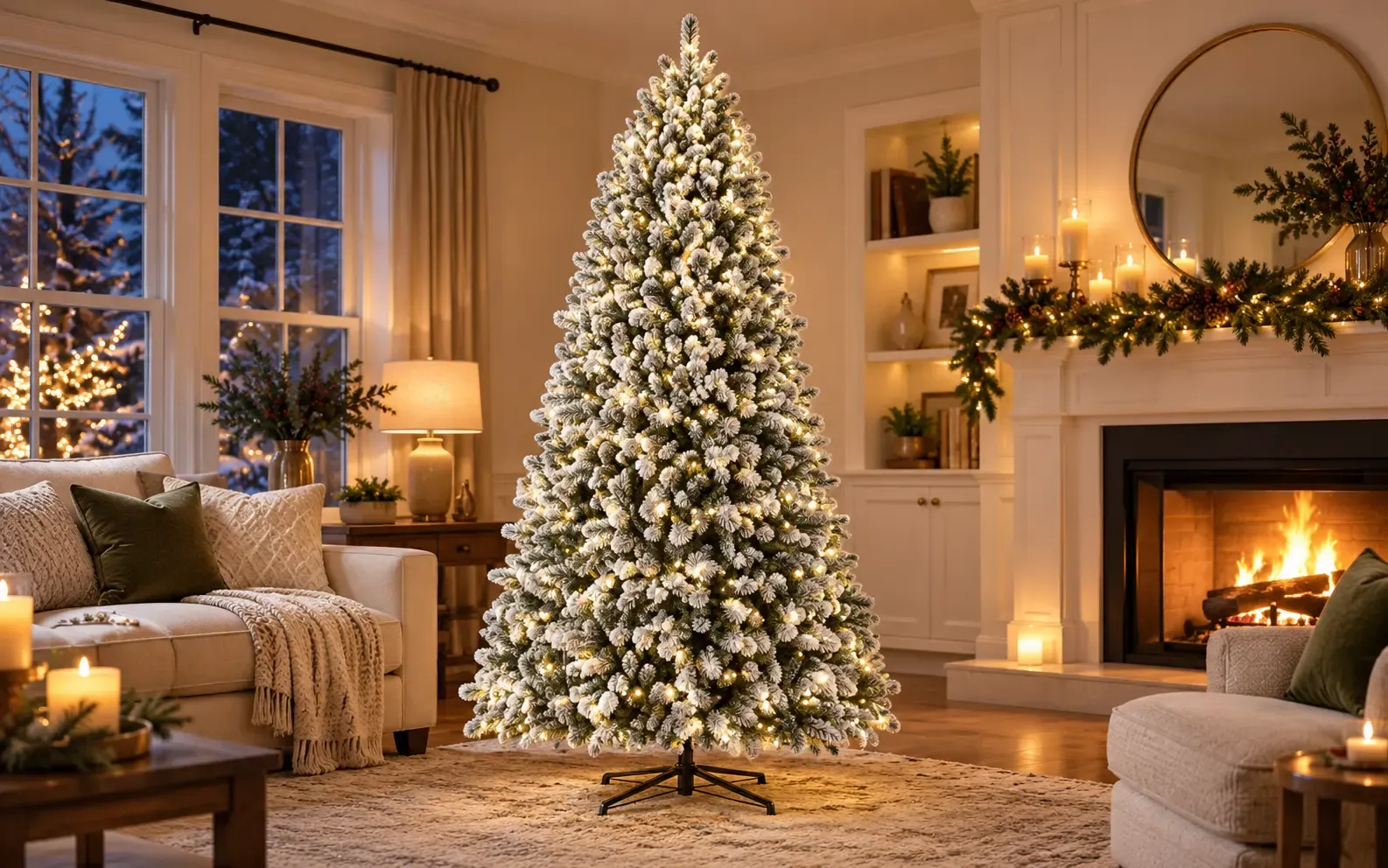 Snow-flocked pre-lit artificial Christmas tree in an elegant living room