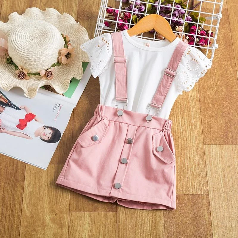 Toddler Girls Clothes Set Kids Ruffle White Top T-shirt+Pink Suspender Shorts Pants Outfits Children Sport Suit 2 3 4 5 6 Years