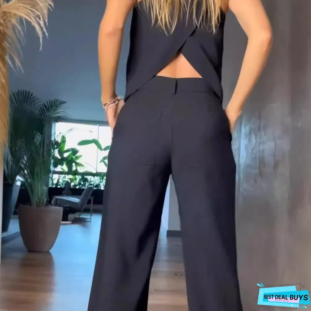 Women's Summer Solid Color Fashion Backless High Clothing