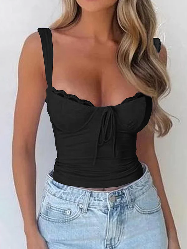 Solid Color Tied Skinny Sleeveless Spaghetti-Neck Camis