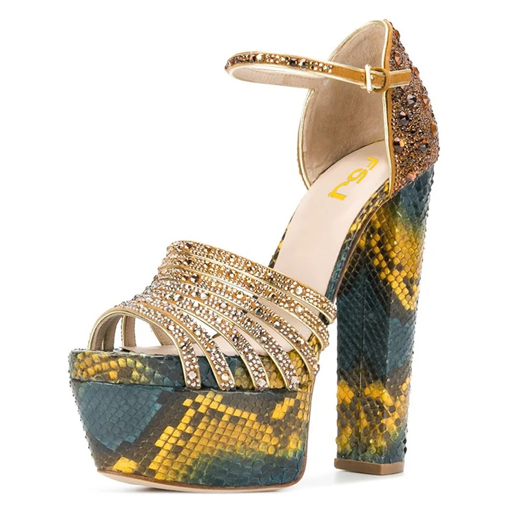 Yellow Green Python Rhinestone Chunky Heel Ankle Strap Sandals |FSJ Shoes