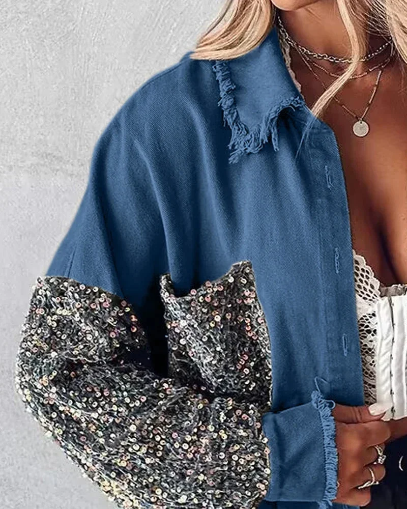 Huiketi Women Contrast Sequin Raw Hem Shacket 2023 Femme Casual Long Sleeve Turn-down Collar Coat Streetwear Lady Outfits traf