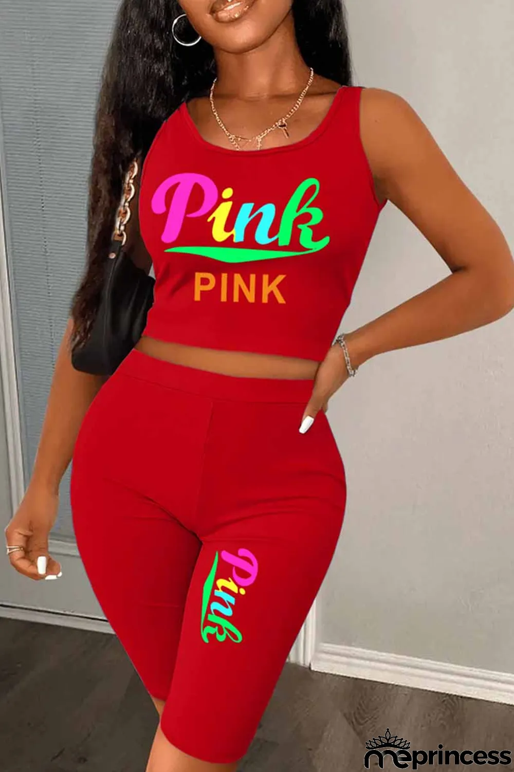 Red Casual Print Letter U Neck Sleeveless Two Pieces