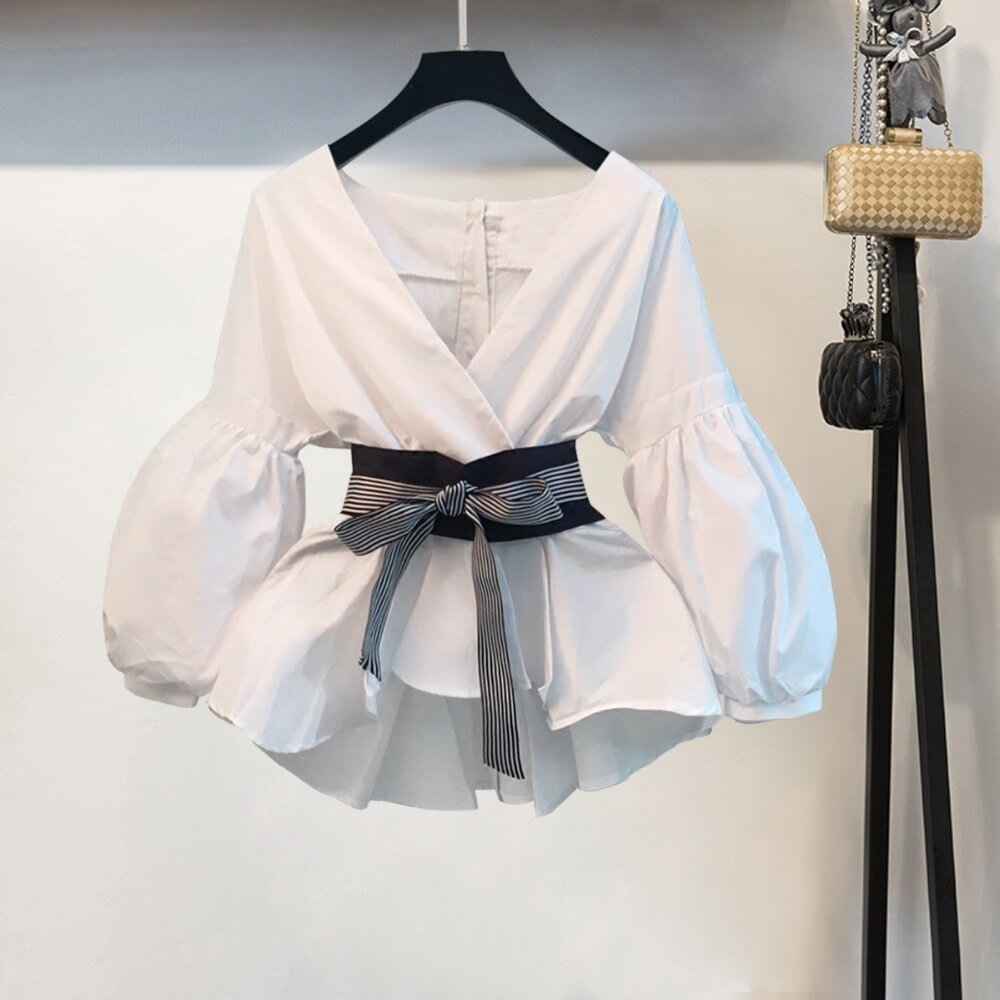 Lantern Sleeve Blouse Shirt Women 2020 Fashion Korean Style Summer Bow V-neck Striped Shirt Elegant Ladies Tops Female Clothing