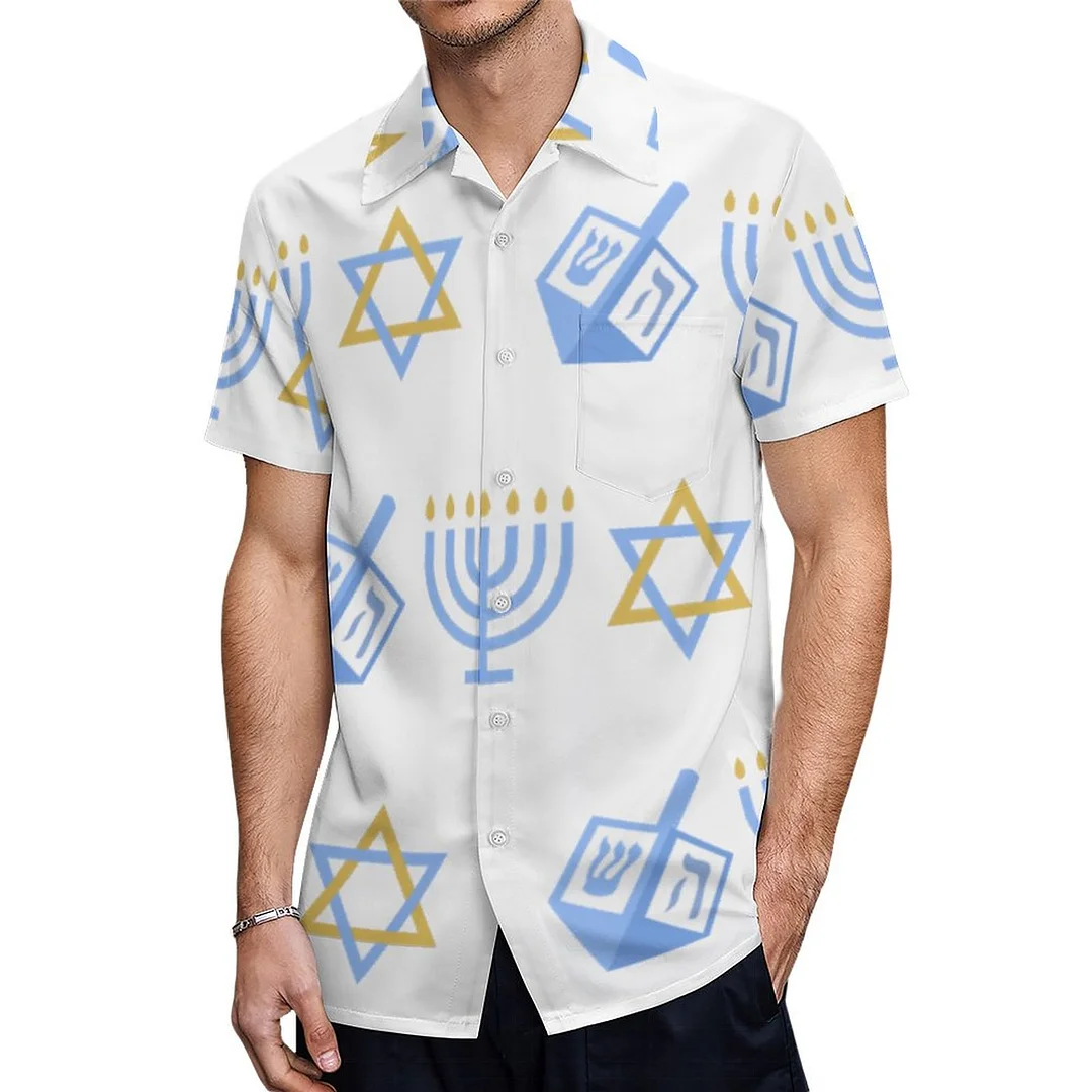 Short Sleeve Blue Hanukkah Hawaiian Shirt Mens Button Down Plus Size Tropical Hawaii Beach Shirts