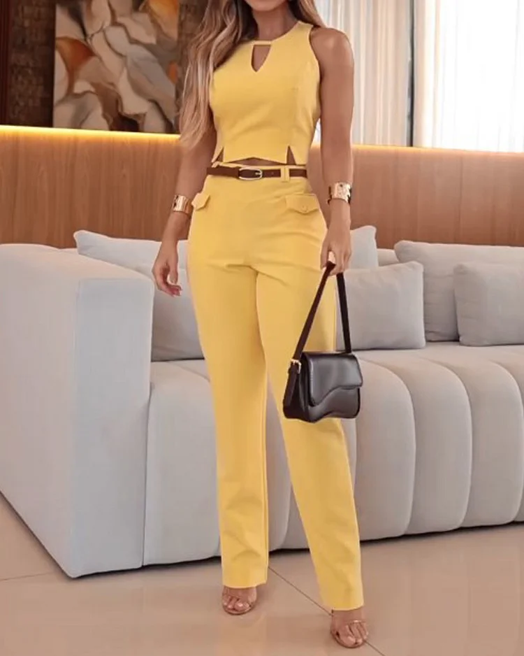 Sleeveless solid color casual two-piece suit