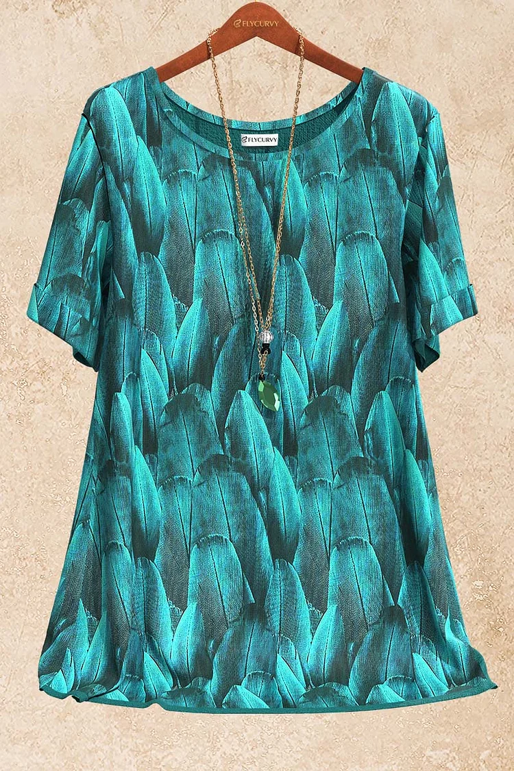 Flycurvy Plus Size Casual Turquoise Linen Plant Print Blouse  Flycurvy [product_label]