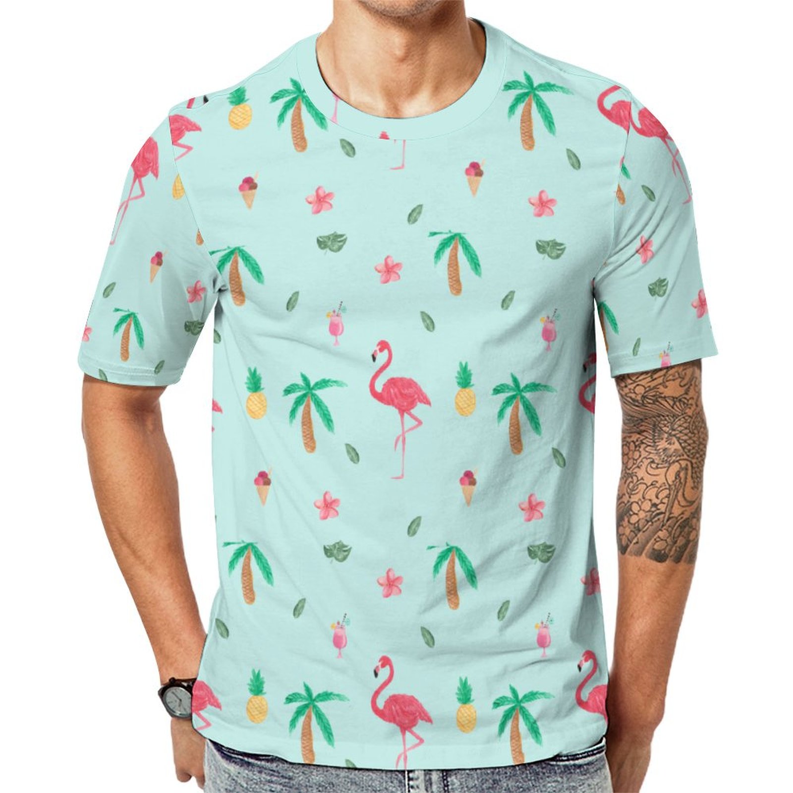 Tropical Summer Flamingo Blue Bedroom Short Sleeve Print Unisex Tshirt Summer Casual Tees for Men and Women Coolcoshirts