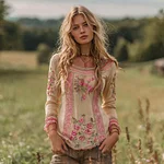 Women's Vintage Pink Rose And Striped Casual Linen Shirt - Image 2