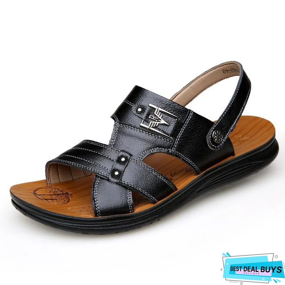 Men's Pu Leather Sandals Non-Slip Casual Beach Flats Flip Flops Sandal Shoes