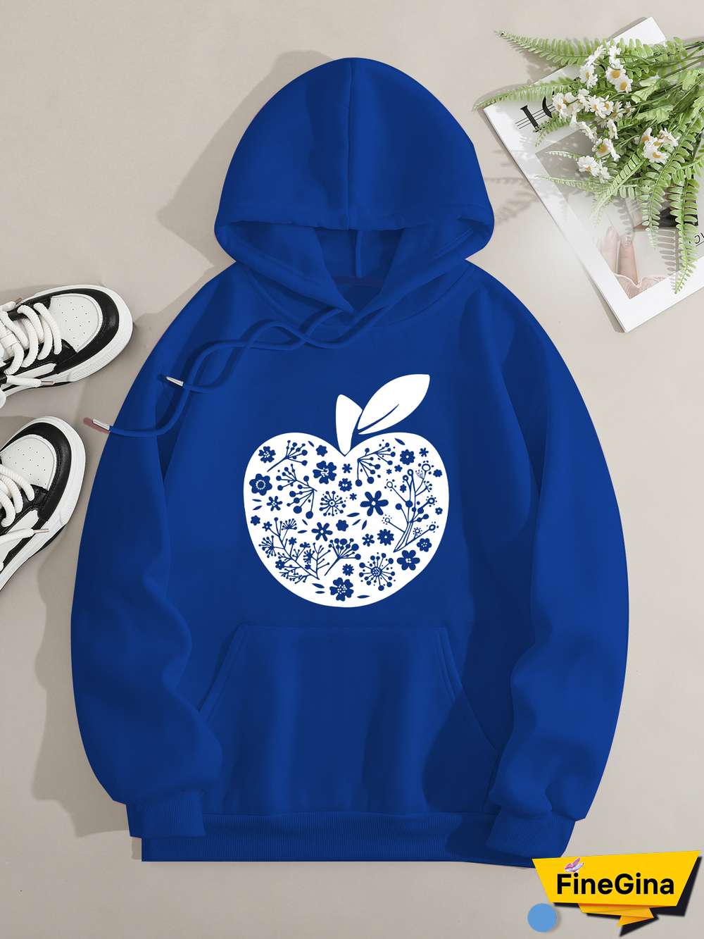 Printed on front Kangaroo Pocket Hoodie Long Sleeve for Women Pattern Apple flowers