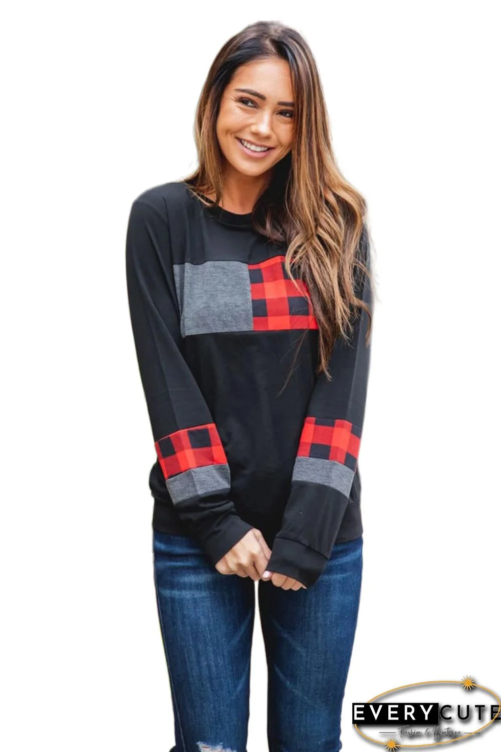 Gray Plaid Splicing Color Block Long Sleeve Top