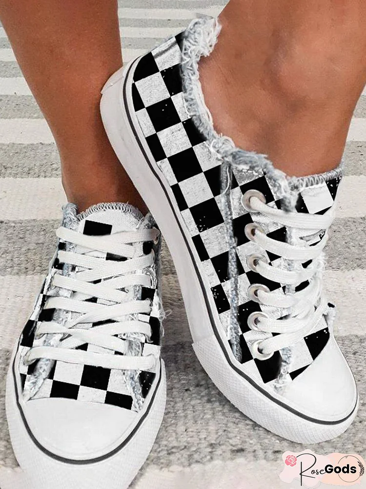 Black and White Checkerboard Graphic Distressed Canvas Flats