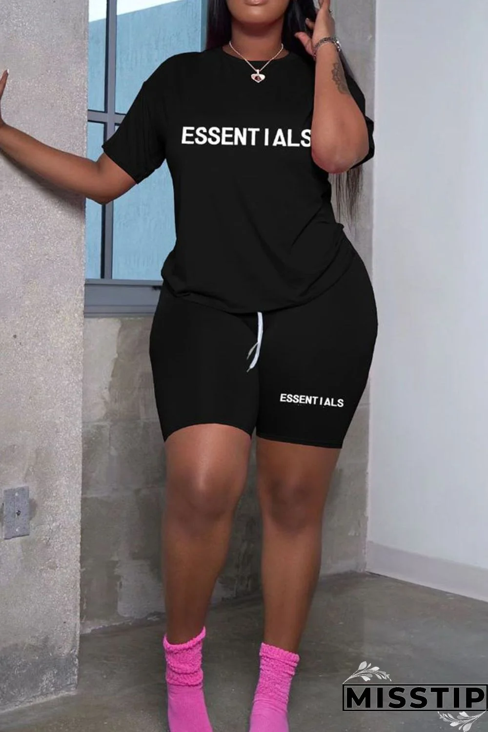 Black Casual Print Patchwork O Neck Short Sleeve Two Pieces