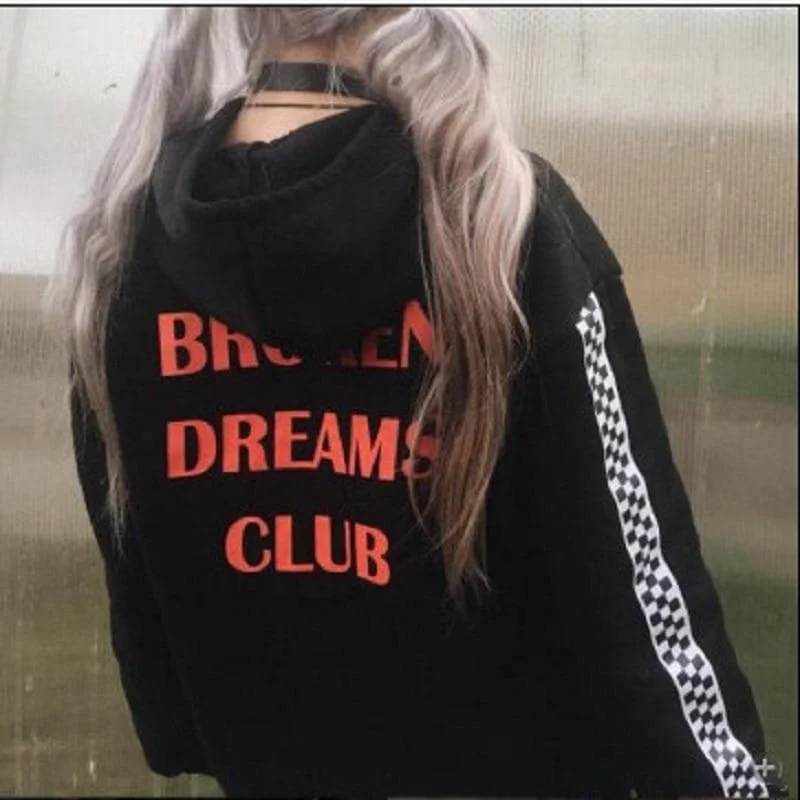 Broken Dreams Club Harajuku Checkerboard Pattern Sleeve Hoodie Jumper SP13696