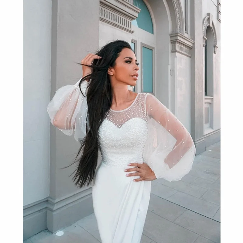 Wedding Guest  Summer Dress  Women Sexy Evening Dress With Pearl Fashion Female Elegant Y2K Lantern Sleeve High Waist Corset Slit Dress Prom Gown