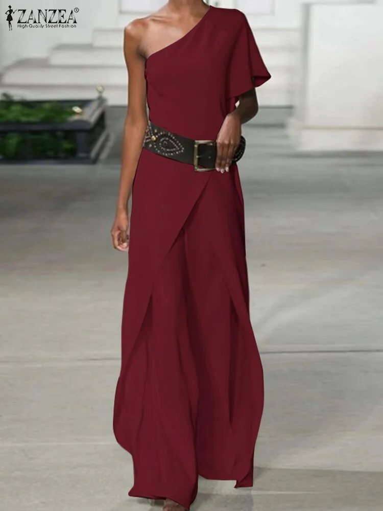 Feminino Fashion Sexy One Shoulder Sleeve Playsuits Asymmetrical Ruffles Solid Women Jumpsuits ZANZEA Overalls