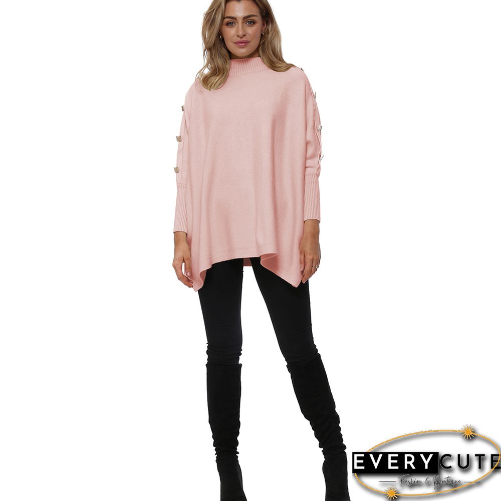 Light Pink Bat Sleeve Button Shoulder High Collar Sweater