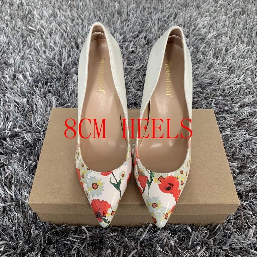 Fashion Women Shoes Stiletto 12cm/10cm/8cm High Heels Women Pumps Floral Print Patent Leather Ladies Party Wedding Woman Shoes