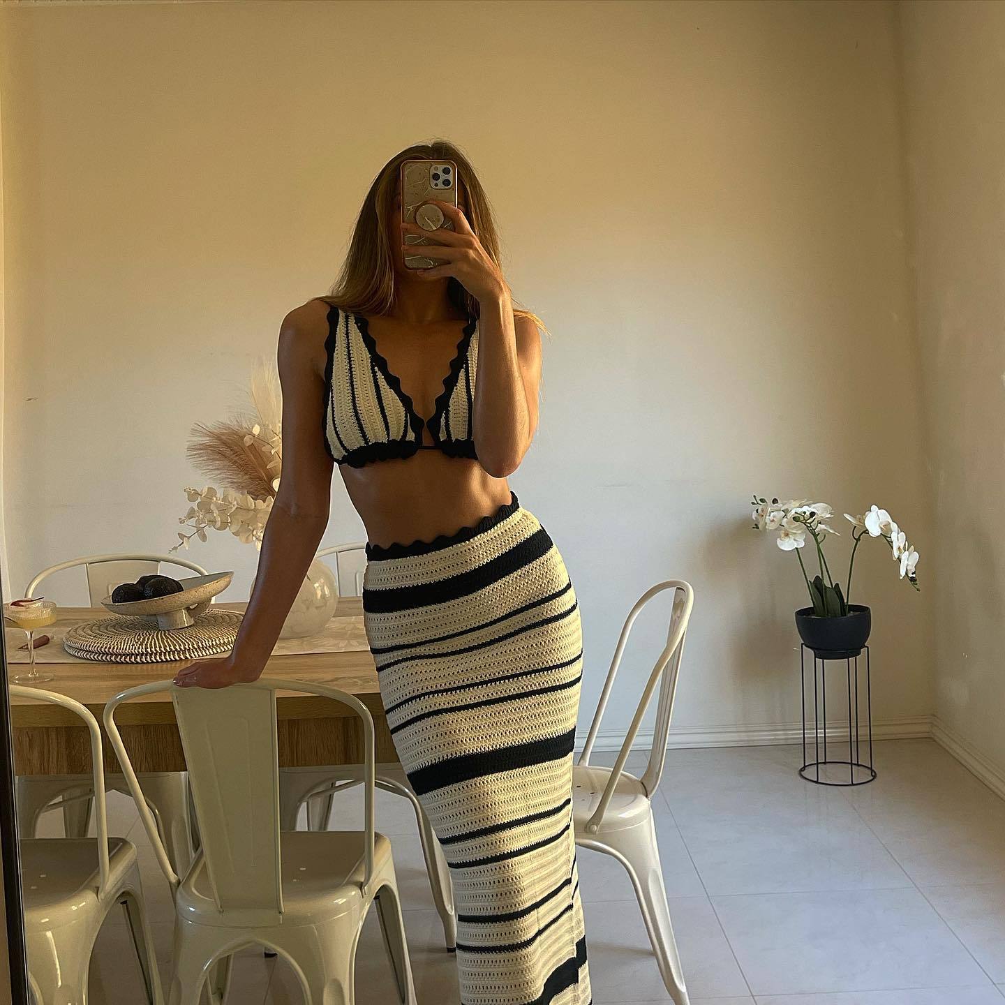 Ootddress Knitwear 2 Piece-Set Striped Maxi Skirt Female Bustier Bandage And High Waist Long Skirt Sets Fashion Summer Women Outfits