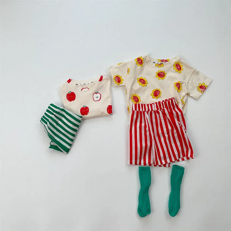 Toddler Sunflower Apple Tee and Striped Shorts Set