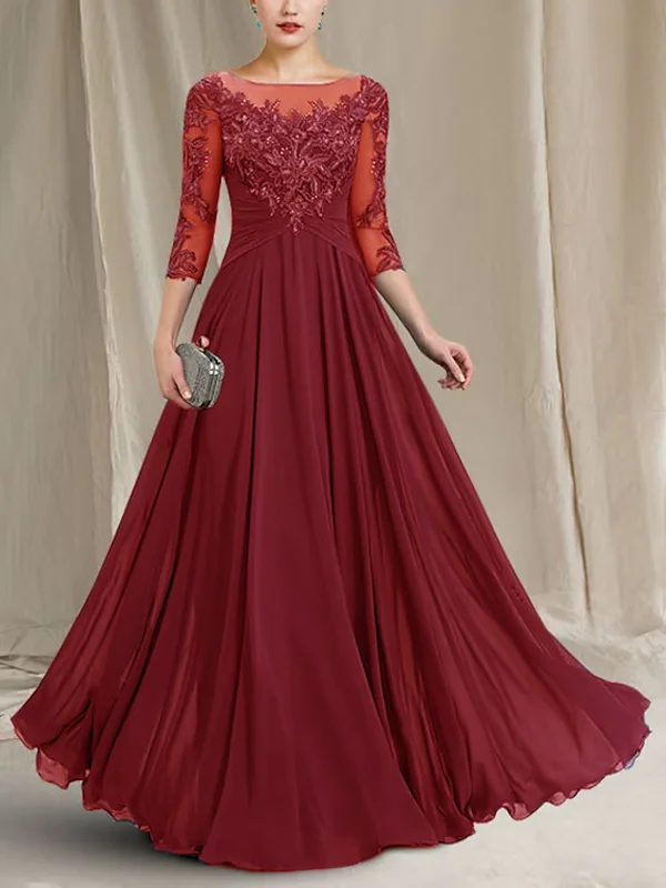  Chiffon Lace 3/4 Sleeve Maxi Dress