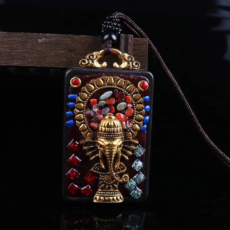 Ebony Wood Elephant Lotus Balance String Necklace Pendant