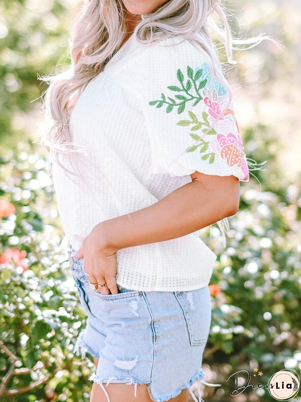 White Floral Embroidered Puff Sleeve V-Neck Mesh Detail Blouse