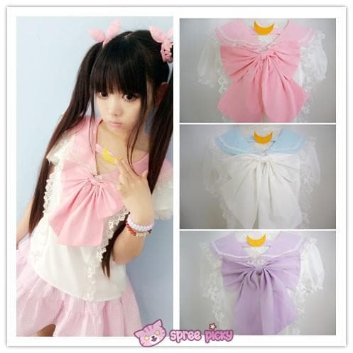 Pink/Blue/Purple Sailor Moon Bubble Short Sleeve Bow Lace Shirt Top SP140946R