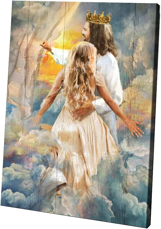 Jesus painting Canvas Prints Wall Art, Jesus the king, Pretty girl, Beautiful heaven, Landscape Canvas Picture Christ Artword Home Decor for Bedroom, Living Room, Kitchen 48x32 Blue CA-457