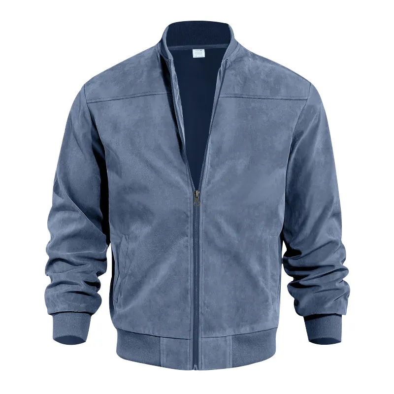 2026 Men’s Spring/Autumn Jacket Business Casual Suede Fleece Zip-Up Cardigan with Patchwork Stand Collar