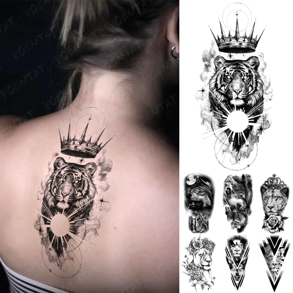 Sdrawing Temporary Tattoo Sticker Tiger Crown Star Flash Tattoos Lion Leopard Wolf King Body Art Arm Fake Tatoo Men Women