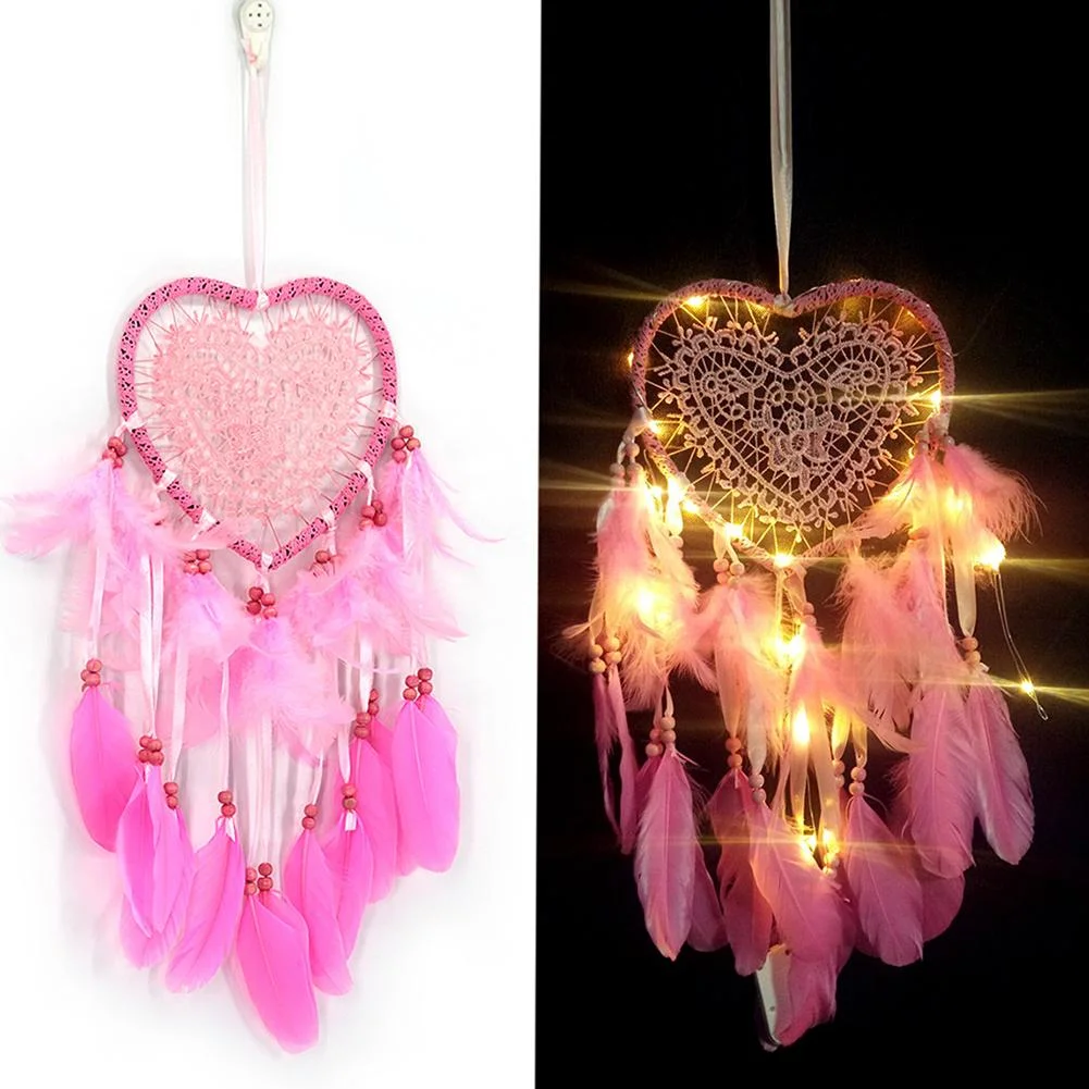 Heart Dream Catcher LED Light Feathers Wall Hanging Dreamcatcher (Pink)