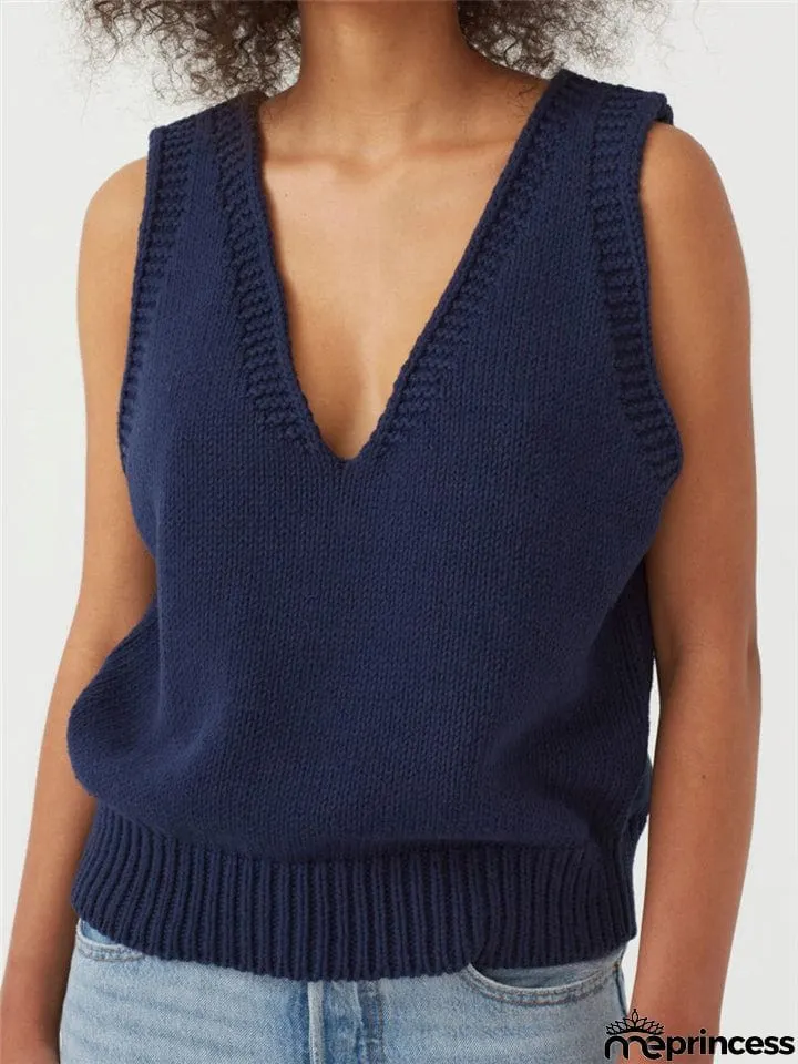 Relaxed Fit Fine Knit V Neck Ribbed Detailing Solid Color Sleeveless Sweater Vest