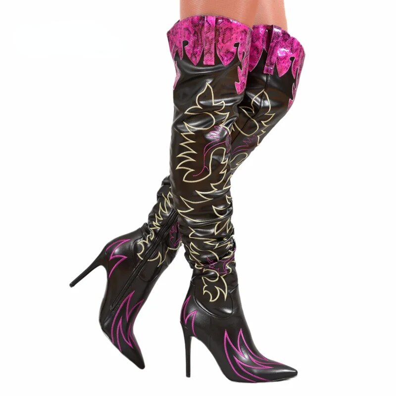 VCSHOES Women Embroidered Cowboy Boots Western Cowgirl Over The Knee Boots Pointed Toe Stiletto Boots Dress Shoes Botas De Mujer