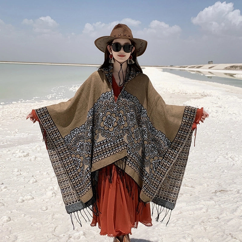 Ethnic Style Hooded Shawl Cloak Lijiang Xinjiang Tibet Northwest Tourism Wear Photograph Warm Outer Cape
