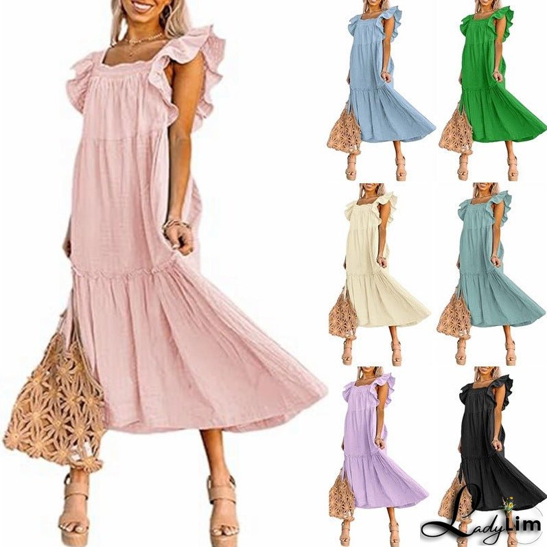 Square Collar Off-the-Shoulder Pleated Dress for Women