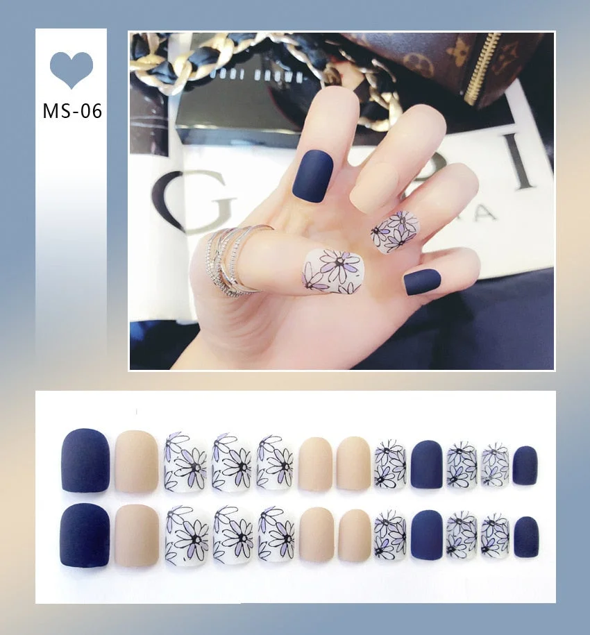 24pcs Matte False Nail Press On Nail With Glue Round Graffiti Fake Nail Manicure Nail Art Decoration  Nail Art Tools-Nail Inspo