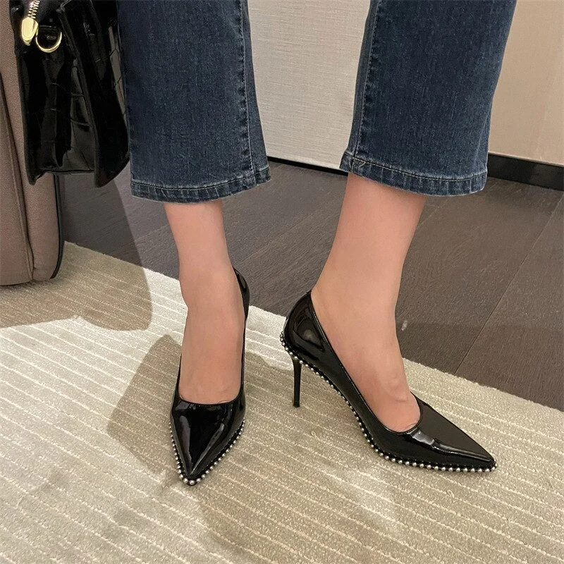  2022 Spring Black Women Sandals Fashion Pointed Toe Rivet Woman Thin Heel Ladies Shallow Party Shoes Female Slip On Footwear