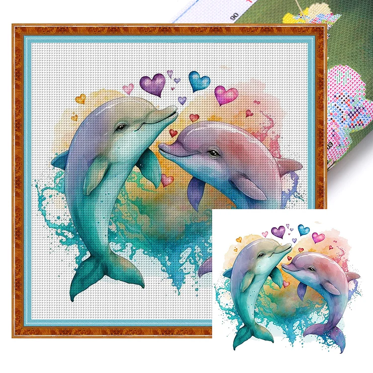 【Huacan Brand】Love Dolphin 18CT Stamped Cross Stitch 20*20CM