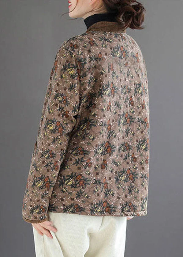 Coffee Print Warm Fleece Puffers Jackets Stand Collar Winter