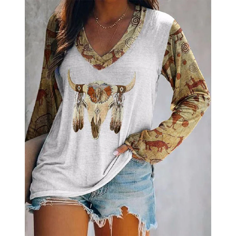 Western Style Bull Head Print Long-Sleeved Loose T-Shirt
