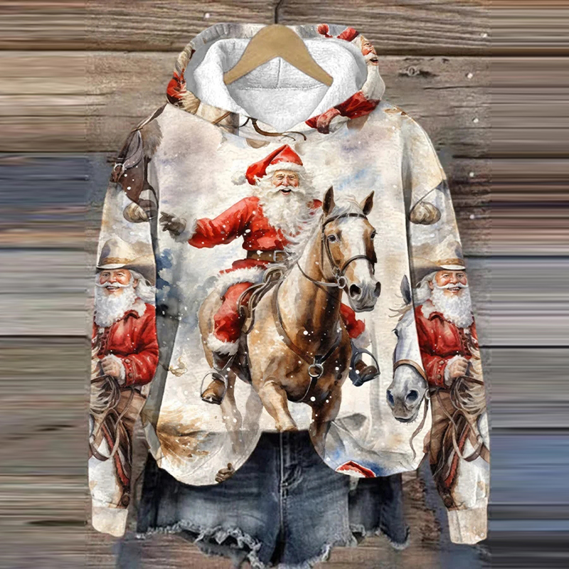  Women's Western Santa Print Hoodie Westsshops