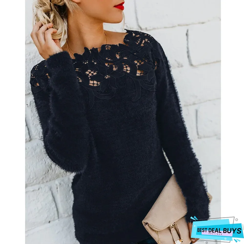 Long Sleeved Sweater Stitched Solid Lace Sweater