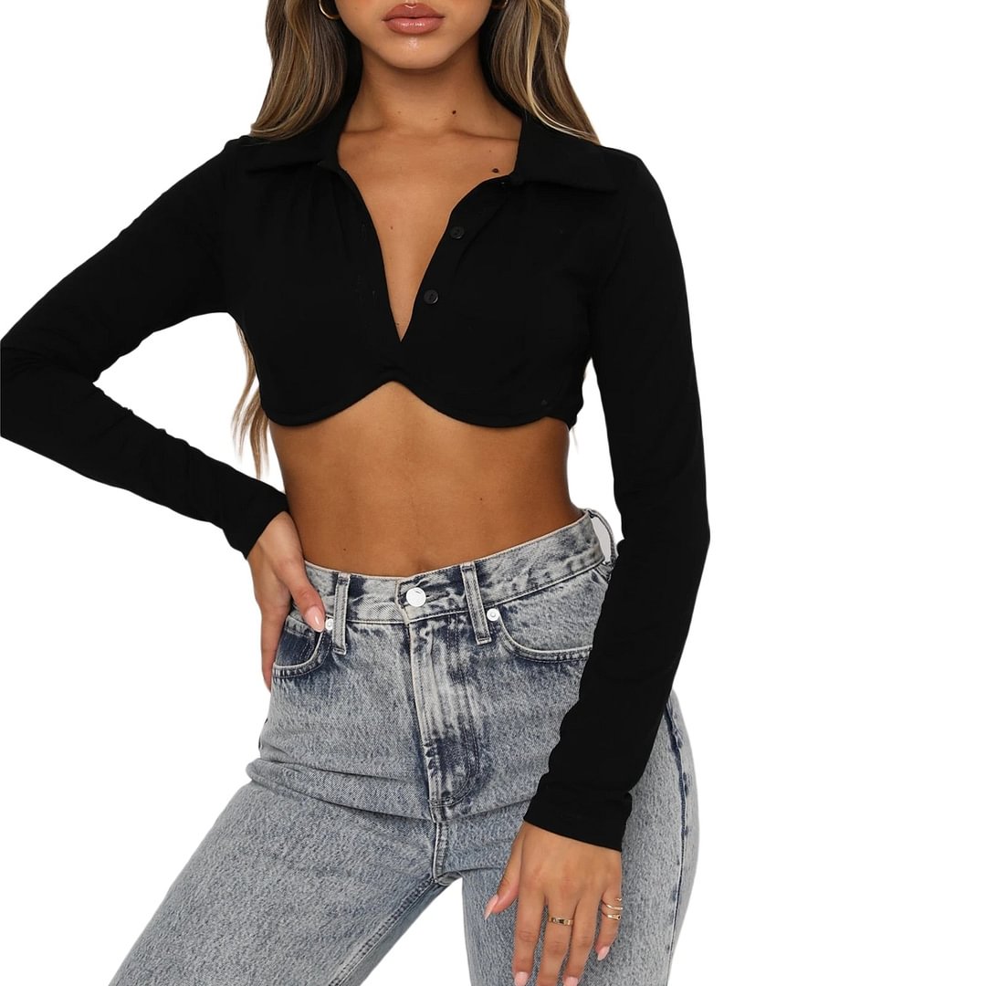 wsevypo Chic Solid Color Lapel Button down Wrap Tube Tops Autumn Streetwear Women's Long Sleeve Slim Fit T-Shirt Crop Tops
