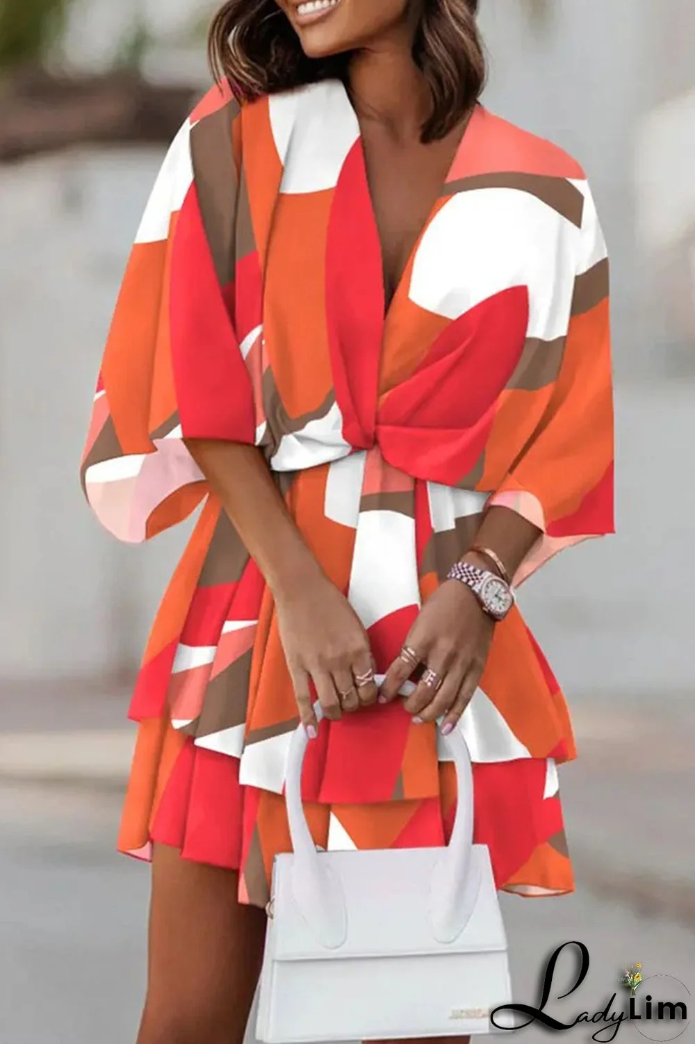 Sky Blue Casual Print Patchwork V Neck Dresses