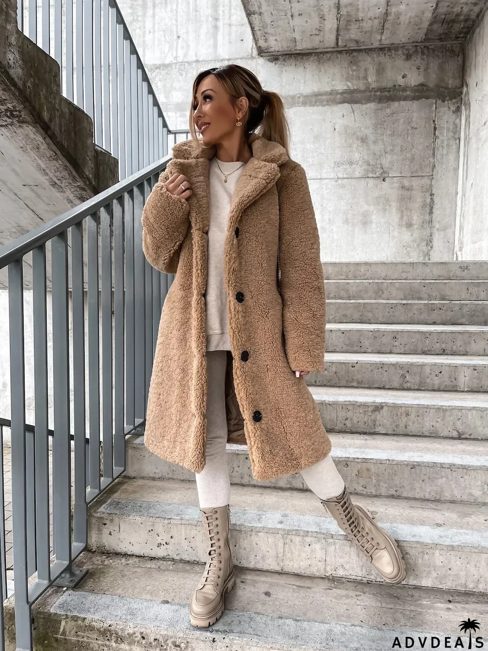 Autumn And Winter Women's Fleece Long-Sleeved Turndown Collar Women's Long Coat