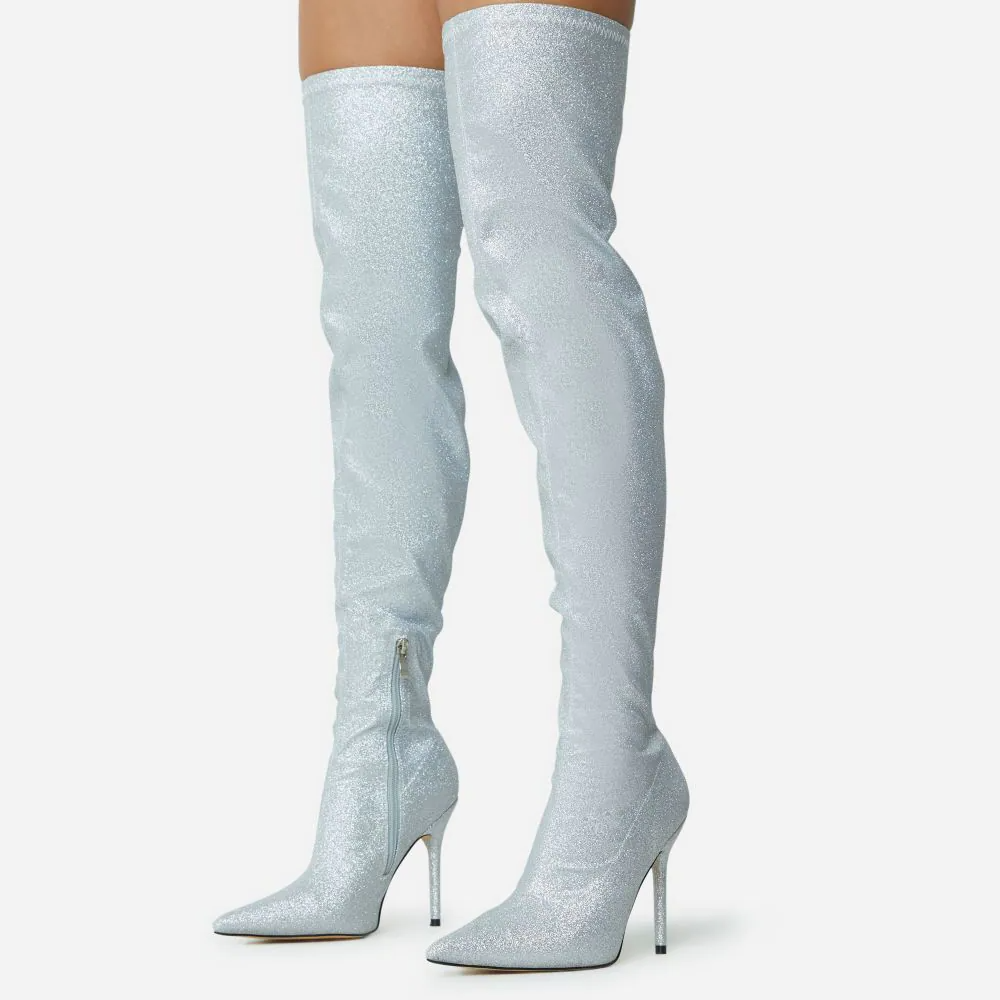 Silver Glitter Pointed Toe Over The Knee Boots Nicepairs