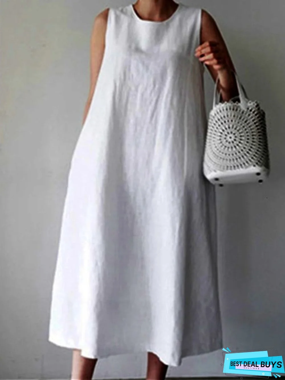 Solid Color Cotton and Linen Sleeveless Plus Size Loose Vest Skirt White Dresses